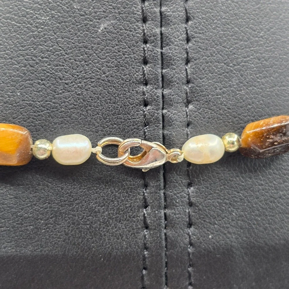 Tigers Eye Freshwater Pearl Beaded Necklace Brown Gold White 18.5 Inch Boho